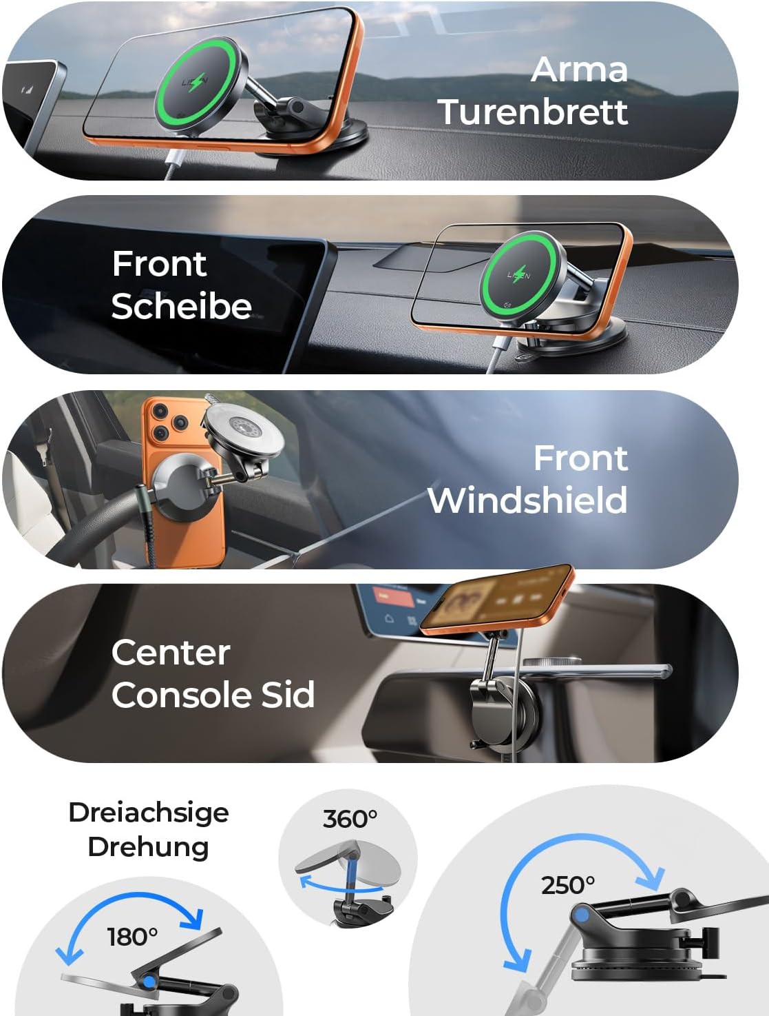 Detalle de LISEN Handyhalterung Auto mit Ladefunktion – MagSafe Halterung mit Vakuumbasis, Qi2.2 25W & 24 N52 Magnete
