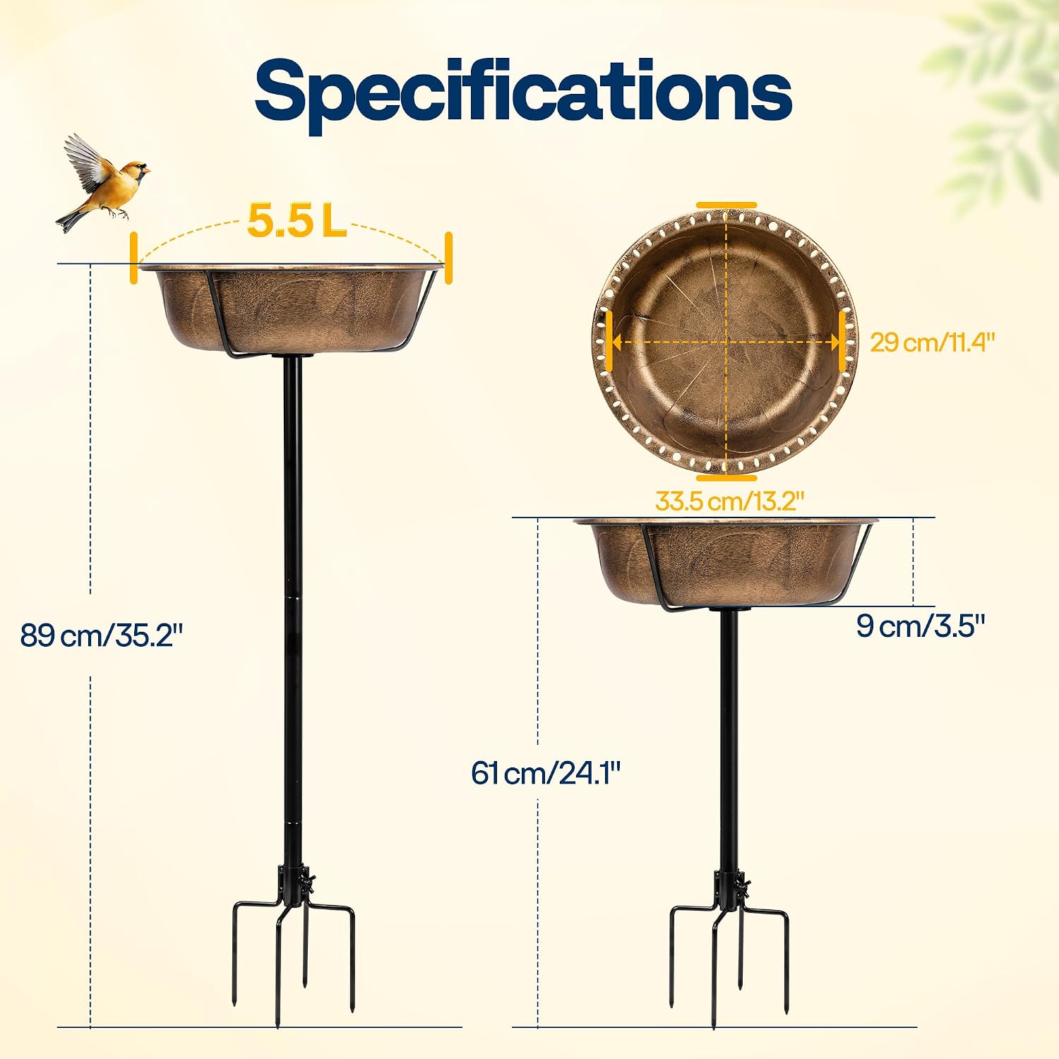 Detalle de VIVOHOME Vintage Metal Bird Bath – freestanding garden birdbath with removable bowl and upgraded 4-pronged base