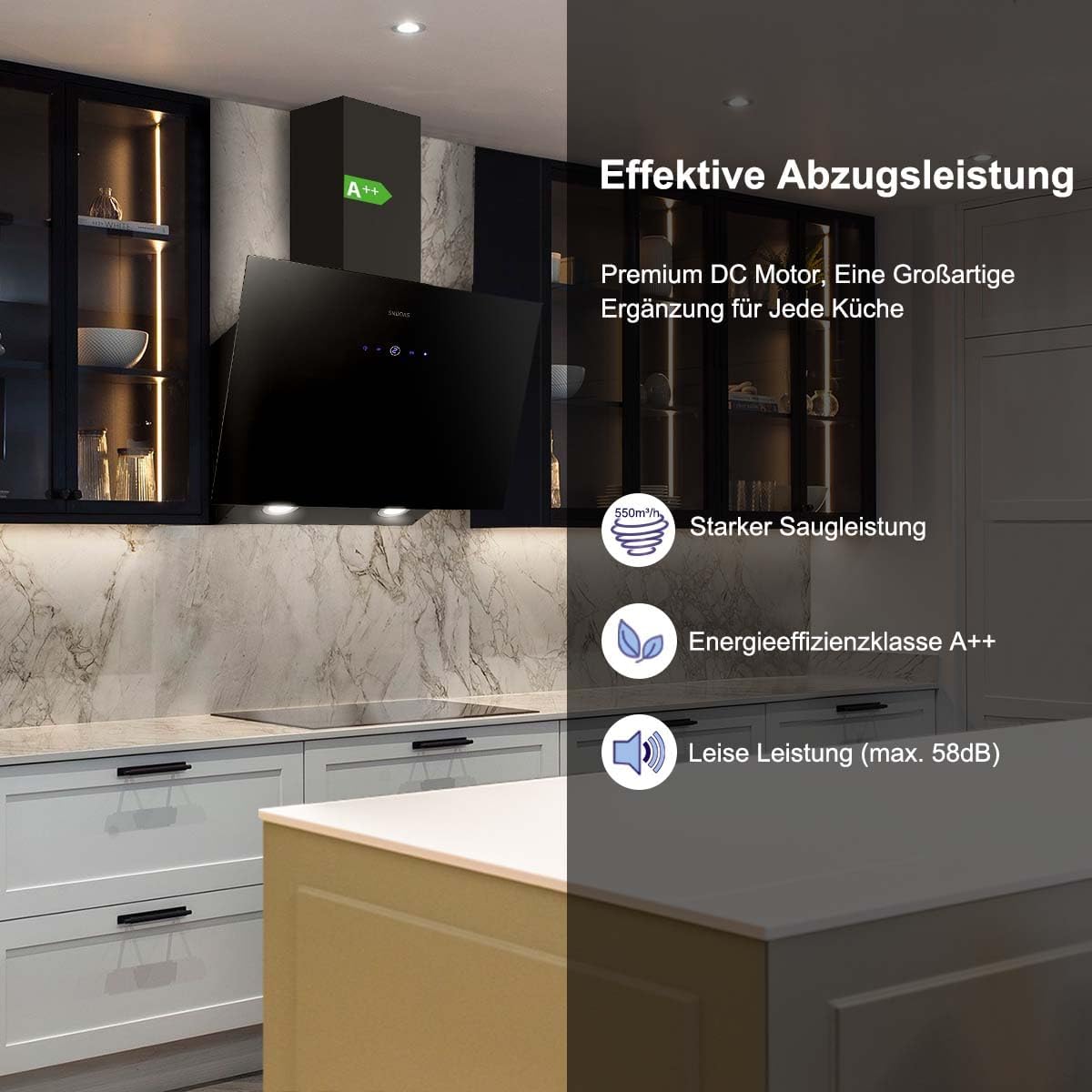 Detalle de SNDOAS Dunstabzugshaube 60 cm – 550 m³/h, Abluft/ Umluft, inkl. Aktivkohlefilter, Energieeffizienz A++, Schwarz