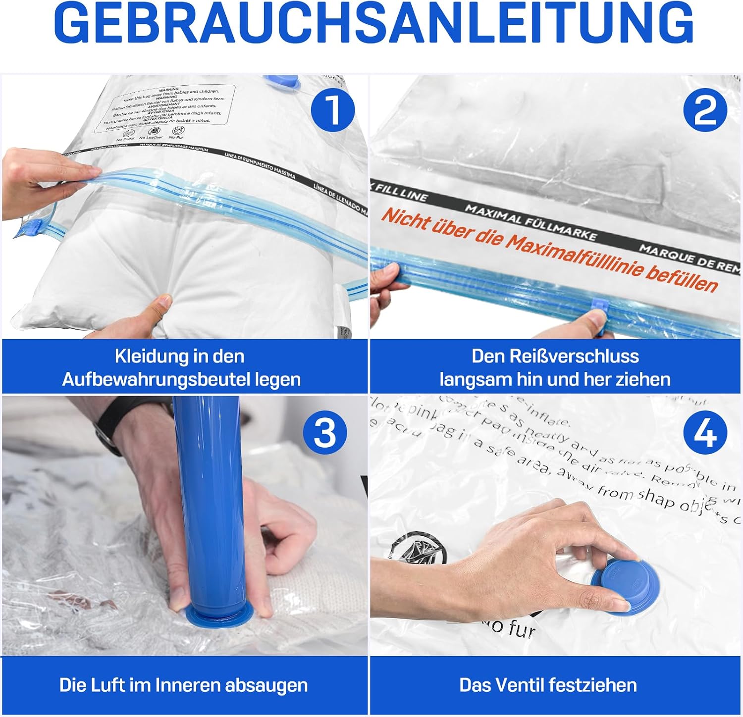 Thumbnail 6 de Captainfive Vakuumbeutel für Kleidung und Bettdecken – 12 Stück in 3 Größen (4×100×80 cm, 4×80×61 cm, 4×60×41 cm) mit Pumpe