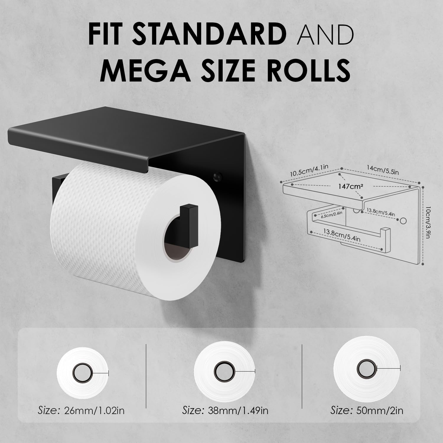 Thumbnail 1 de Auxmir Toilettenpapierhalter ohne Bohren – Edelstahl, Selbstklebend oder Schraubmontage, Ablage, Schwarz