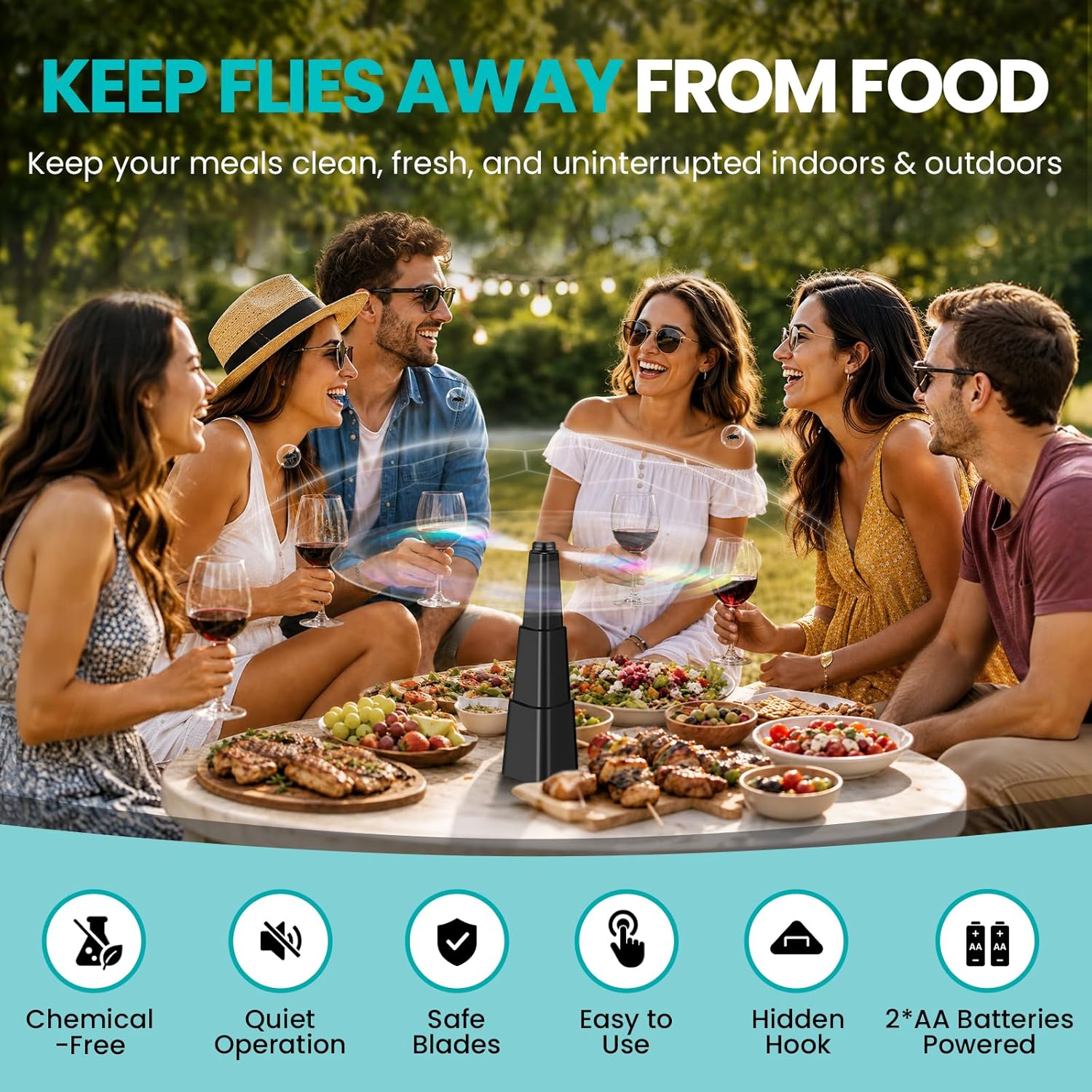 Detalle de Fly Fans for Tables – 4 Pack: Holographic Blade, Battery-Powered Fly Deterrents for Indoor & Outdoor use