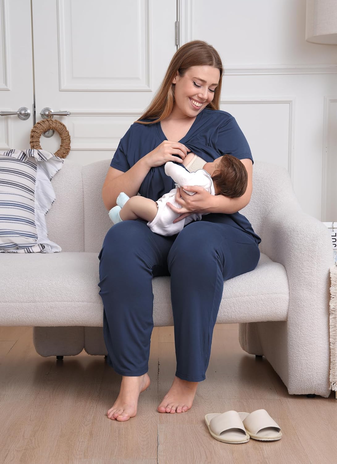 Detalle de Rnxrbb 3-Piece Postpartum Nursing Pajamas Set (Short-Sleeve Top, Shorts, Long Pants) for Breastfeeding