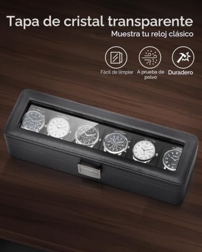 Detalle de VLANDO Caja Relojes de 6 Plazas con Tapa de Cristal – organización y estilo para tu colección