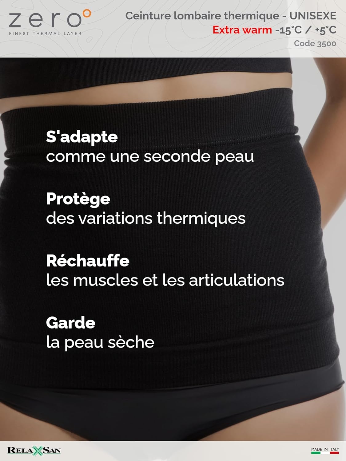 Thumbnail 5 de Relaxsan Zero 3500 ceinture lombaire thermique en laine mérinos et Dryarn (Noir, taille S)