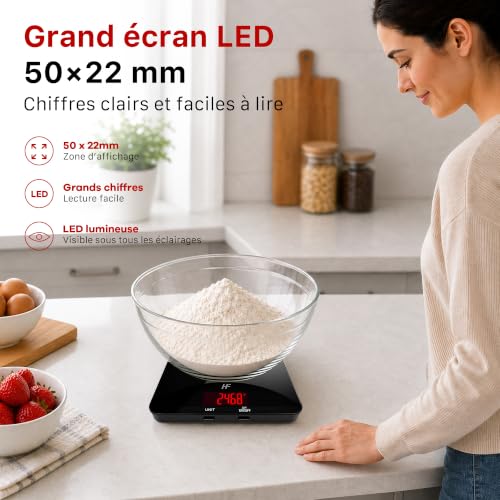 Detalle de HomeFashion GRANDE Balance de Cuisine 20 kg – plateau verre 22 × 16 cm, Graduation 1 g