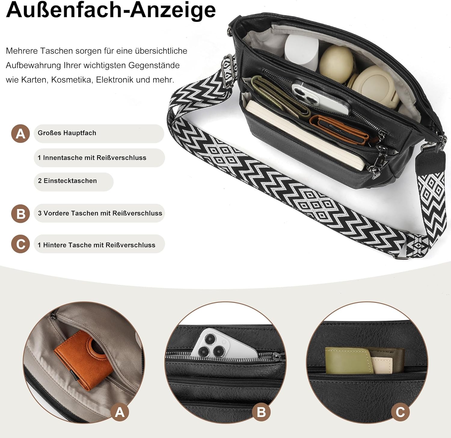 Thumbnail 5 de TANTOMI Umhängetasche für Damen – Handtasche aus PU-Leder mit mehreren Fächern und verstellbarem Schulterriemen