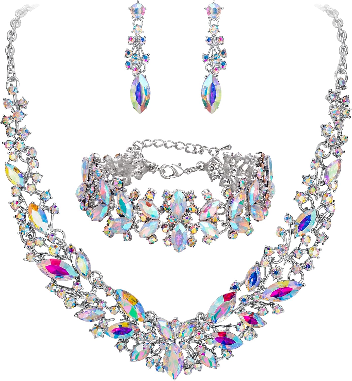 Detalle de Clearine Parure de bijoux femme : collier, boucles d’oreilles et bracelet en cristal transparent argenté