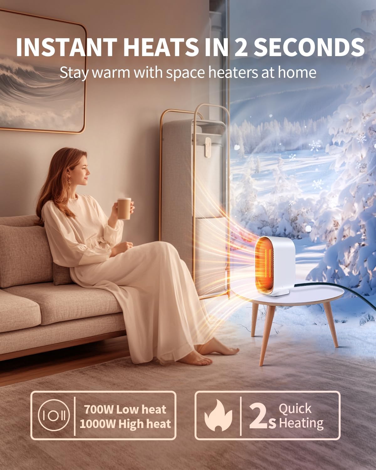 Detalle de BZGG Q22 Portable Ceramic Space Heater, 1000W/700W Modes, Tip-Over Protection