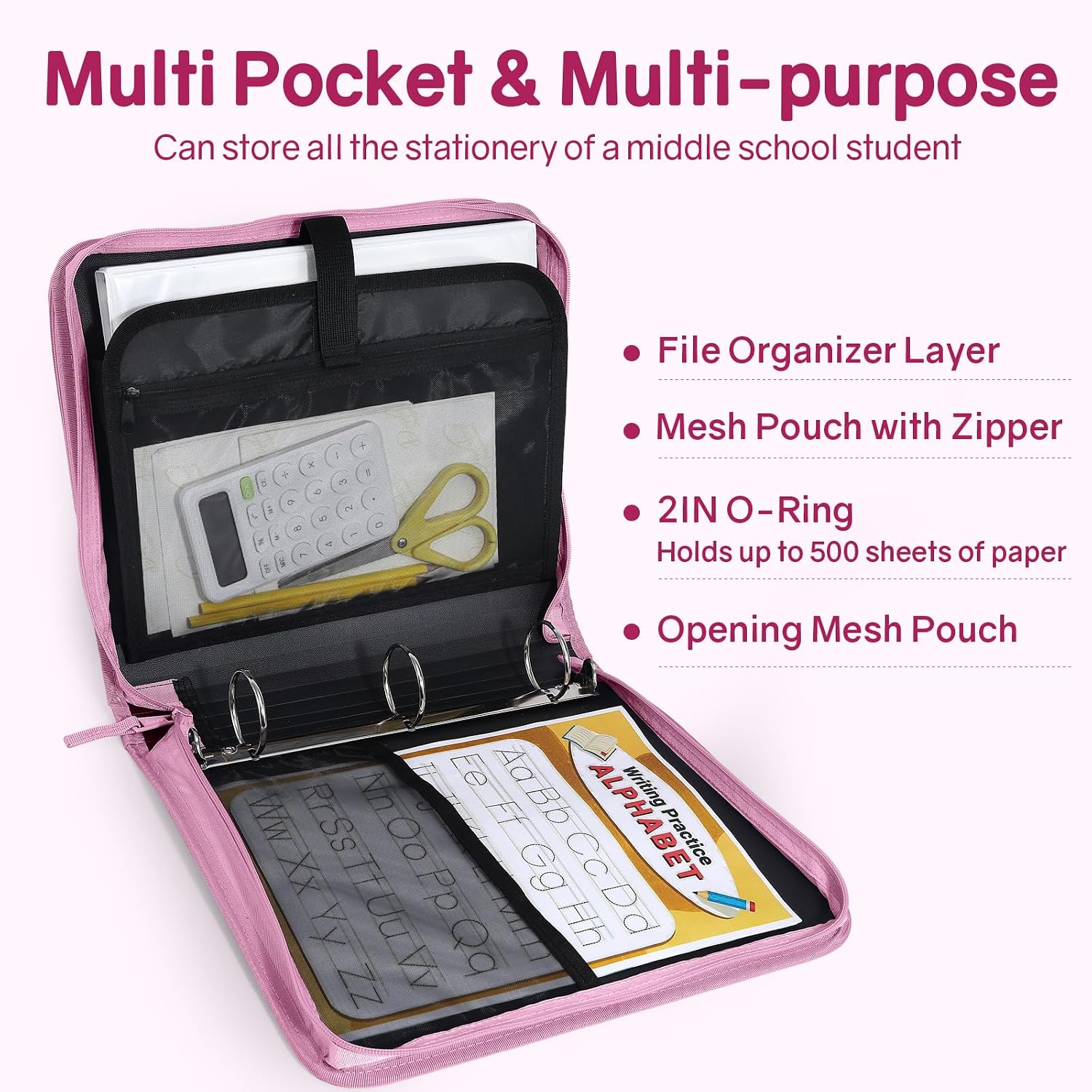 Detalle de SUNEE Zippered Binder Bag, 2-Inch O-Rings, 5-Tab File, Grape Purple