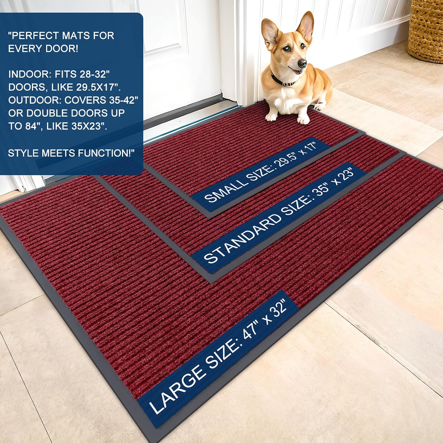 Thumbnail 1 de OLANLY 33" x 21" Waterproof Doormat, Wine Red Striped Polyester