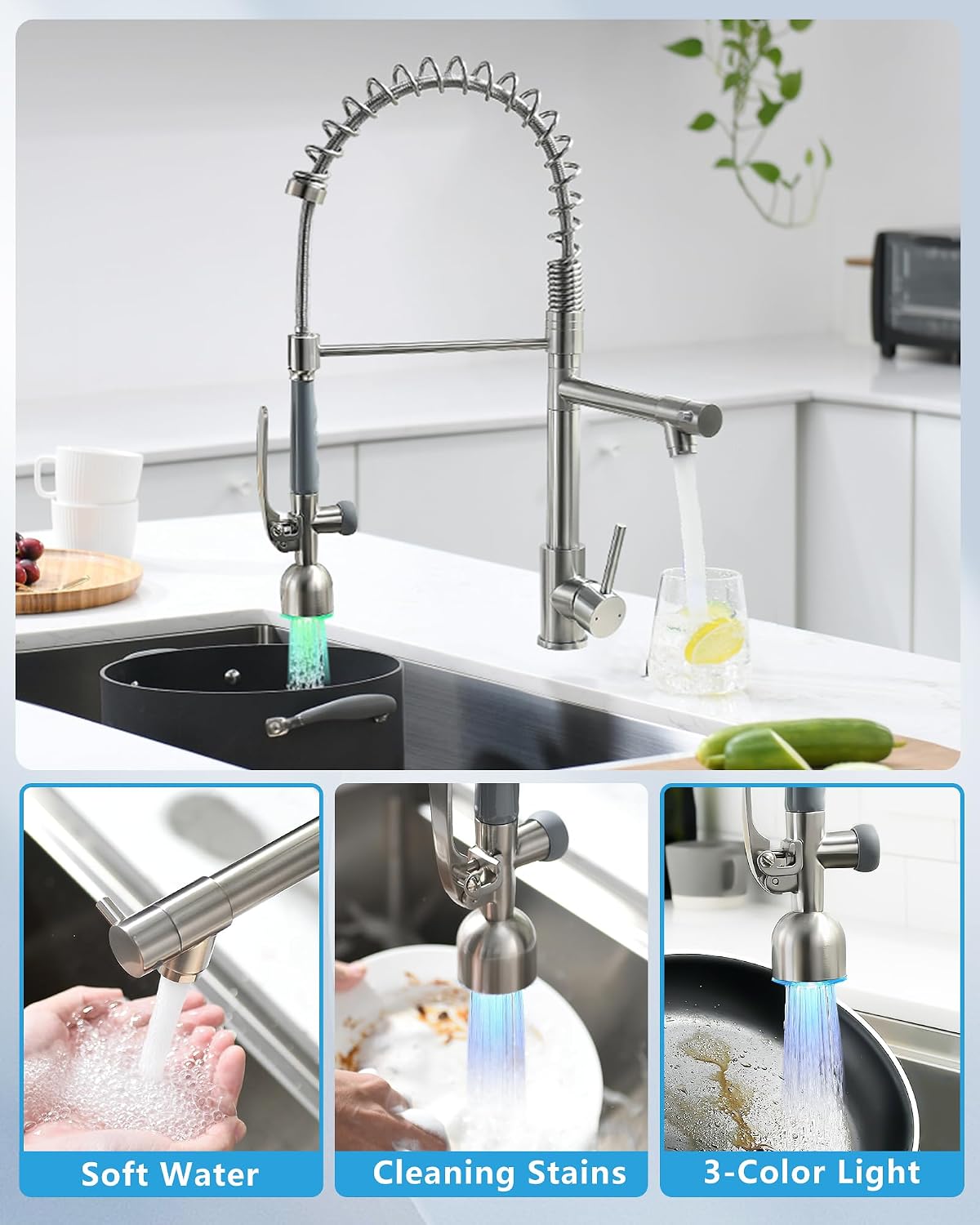 Detalle 2 de Fapully 100550LED Commercial Kitchen Faucet with Pull-Down Sprayer, Brushed Nickel