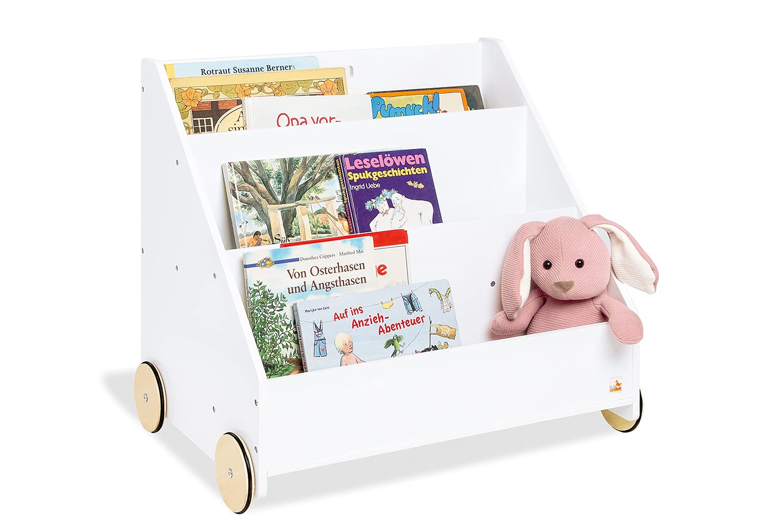 Detalle de PINOLINO Regal Lasse – Bücherregal für Kinder, 3 Fächer, weiß, mit Geheimfach und gummierten Holzrädern