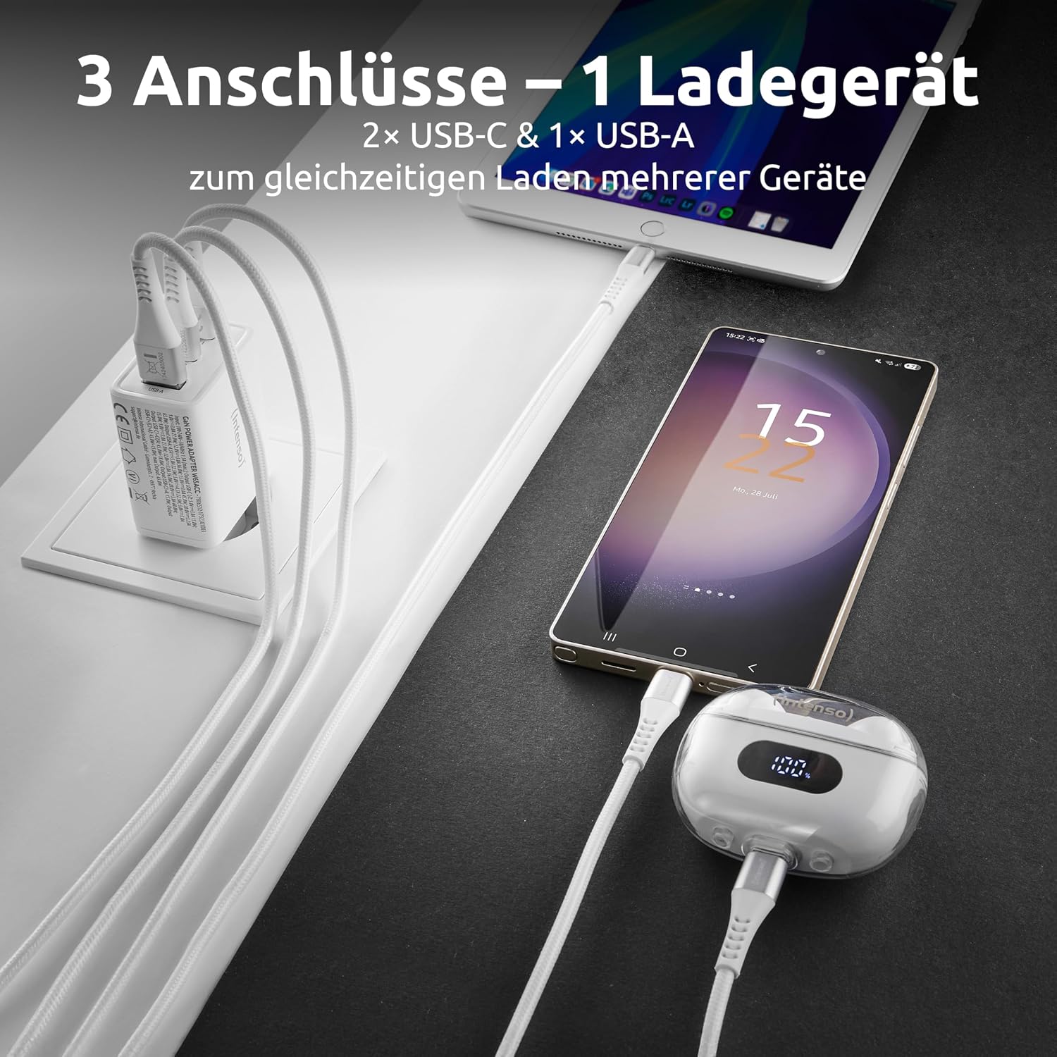 Detalle 2 de Intenso W65ACC GaN Netzteil (65 W) – 3-Port USB-C & USB-A Ladegerät mit PD 3.0, PPS & QC 4.0