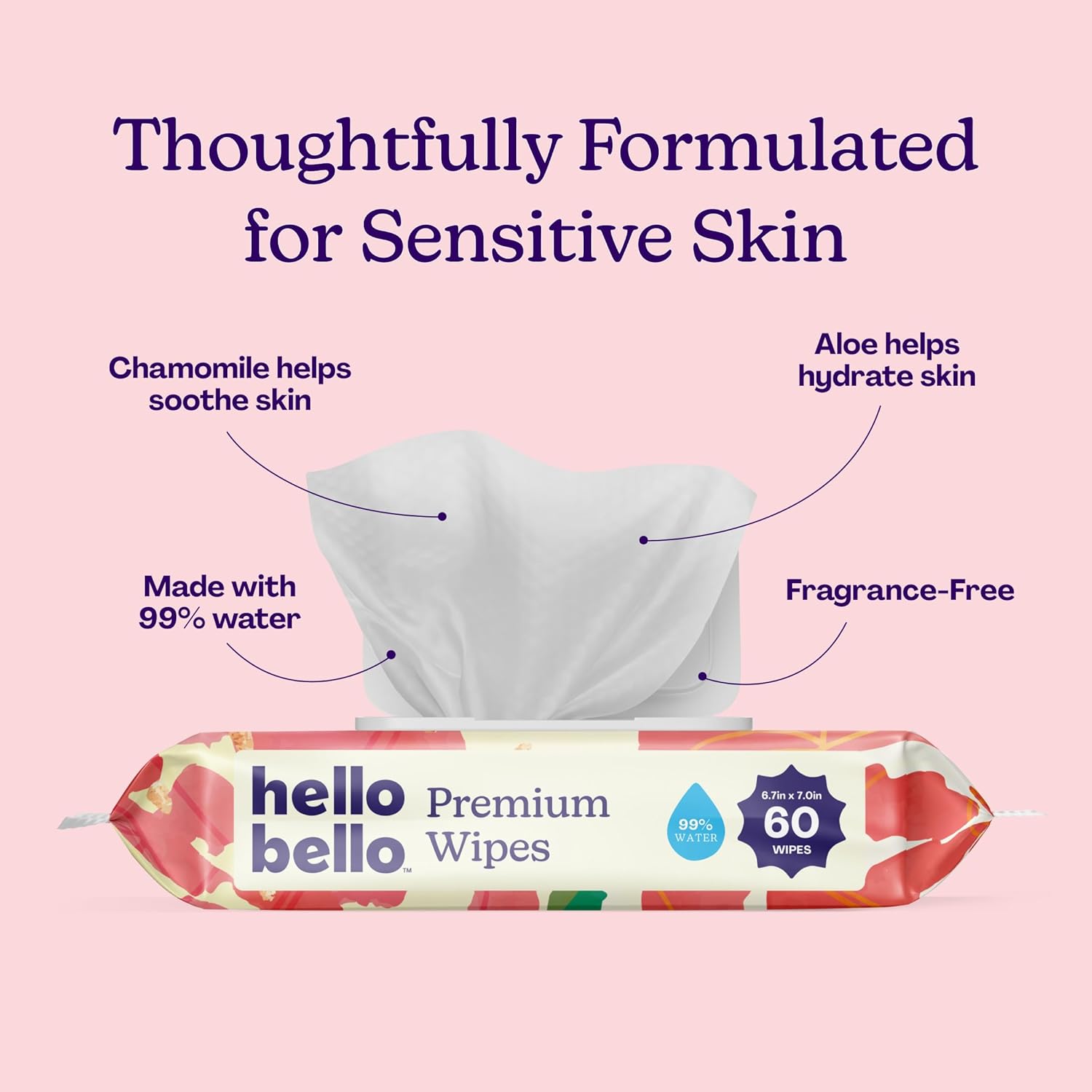 Thumbnail 1 de Hello Bello Premium Wipes for Sensitive Skin (Chamomile & Aloe), Rosy Posy — 12 Resealable Packets (720 Total Wipes)