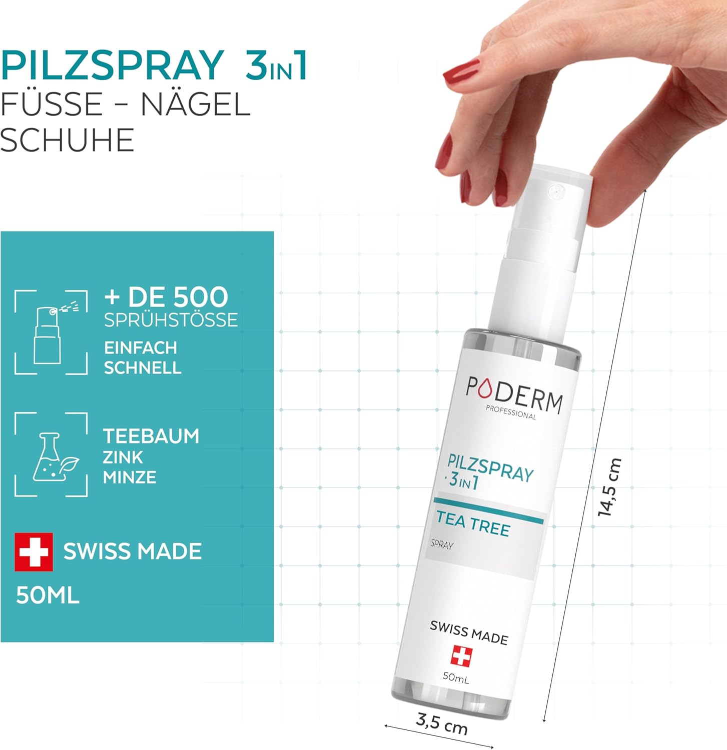 Detalle de PODERM 3-in-1 Pilzspray für Nägel, Füße & Schuhe (Teebaum, Zink & Minze) – Swiss Made
