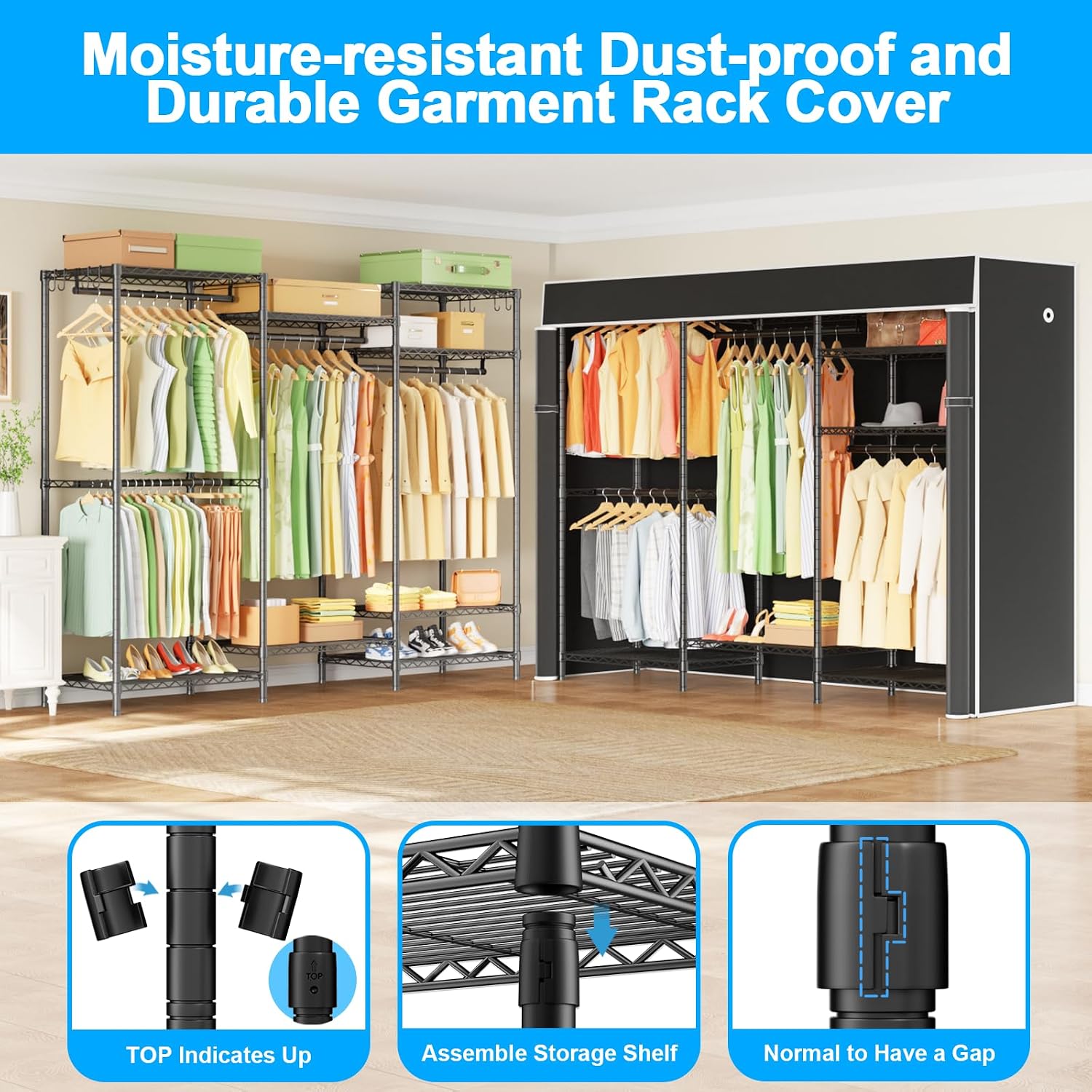Detalle 2 de Ulif E13C Closet Organizer with 8 Shelves, 4 Hanging Rods and Dust Cover