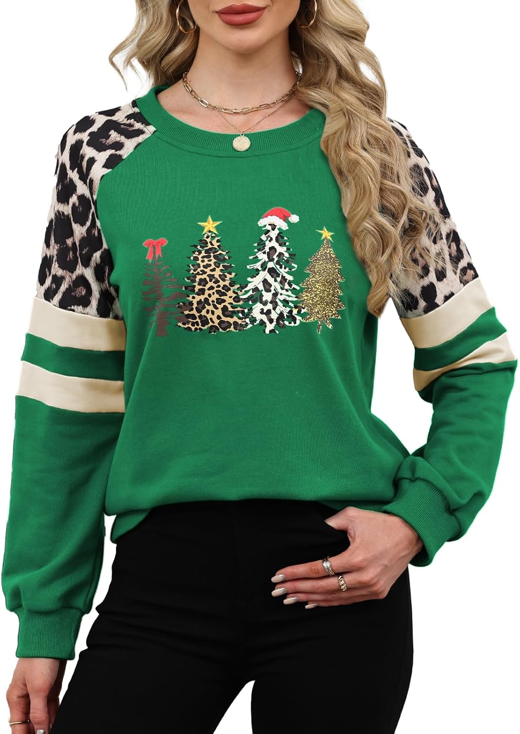Detalle de Quatrefox Damen Baumwoll-Sweatshirt Leopard Farbblock Langarm Rundhals