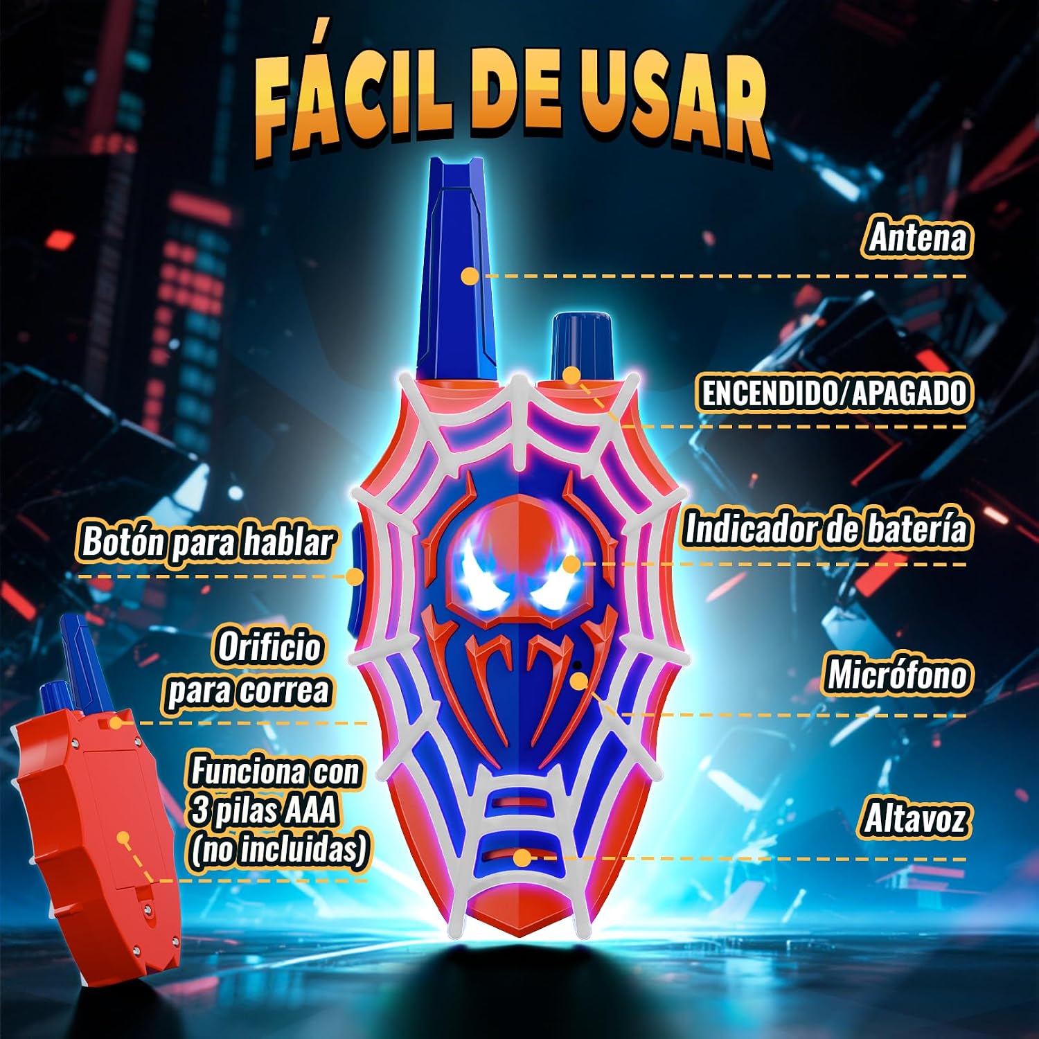 Detalle de Mirthigig Walkie Talkies para niños con luces rojas/azules y ojos intermitentes (pack de 2) hasta 600 m