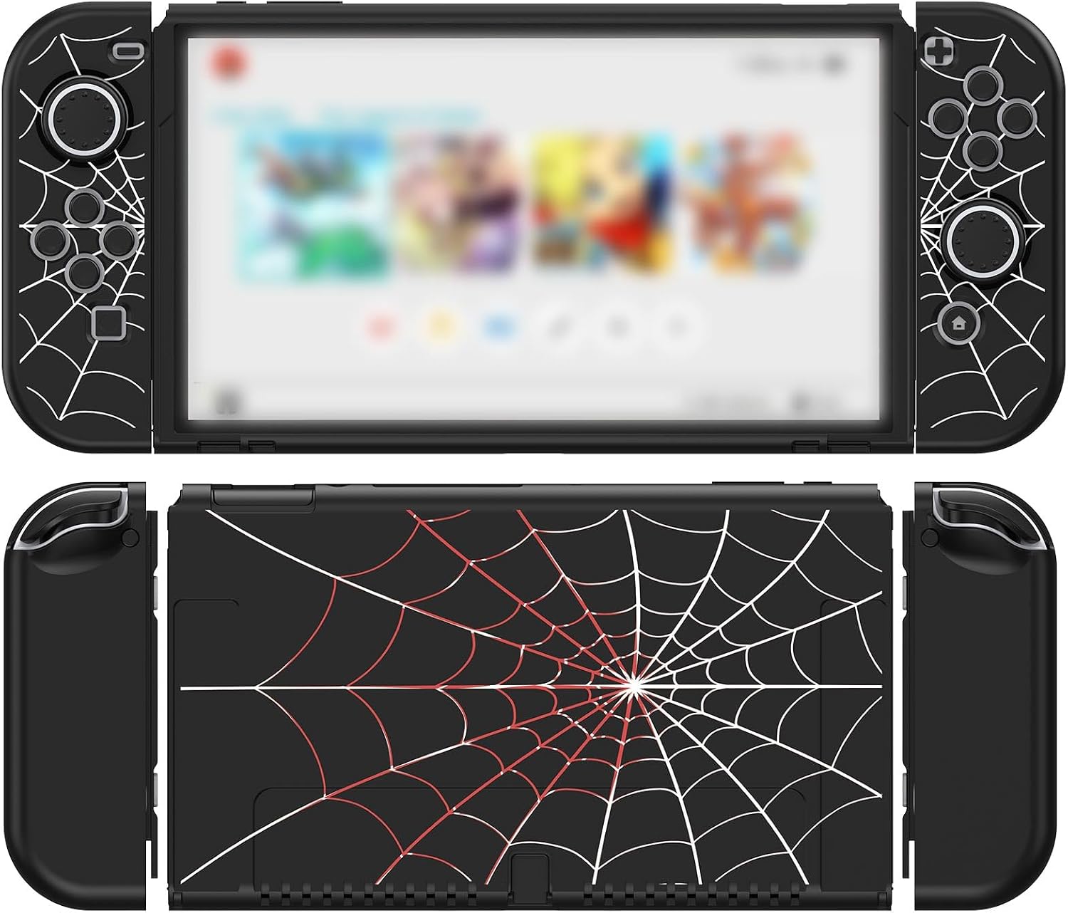 Detalle de JINGDU Protective Case for Nintendo Switch OLED (2021) with 4 Thumb Grips – Black Spider Web