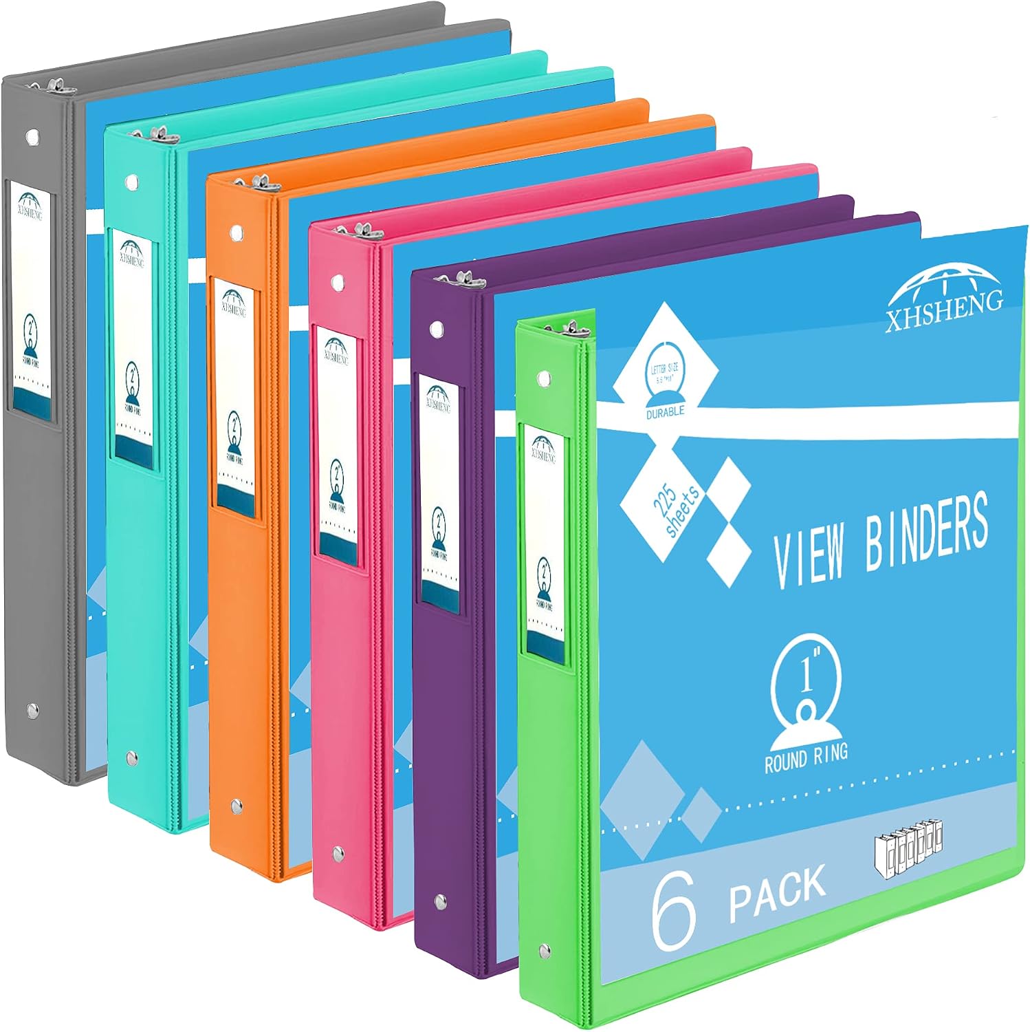 XHSHENG 123 Letter-Size 3-Ring Binders, 1-Inch O-Rings, 6-Color Pack
