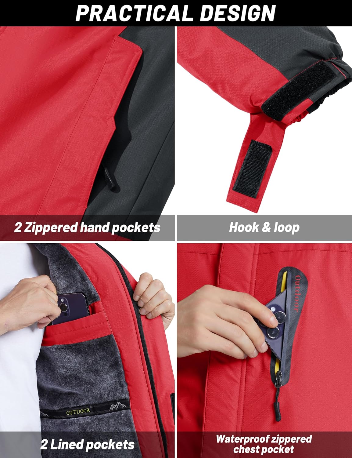 Detalle 2 de TACVASEN Men's Waterproof Fleece-Lined Winter Ski Jacket with Multi-Pocket Design