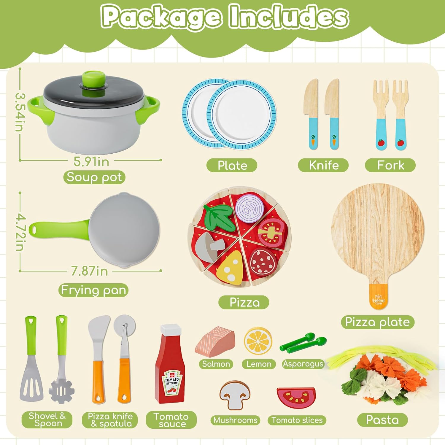 Detalle 2 de Lehoo Castle Wooden Play Food — Pizza & Pasta Toy Set for Kids