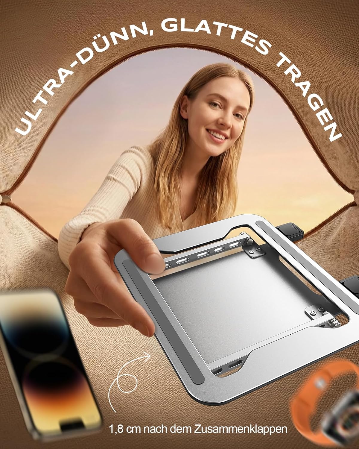 Detalle de Babacom Ultraschlanker Tragbarer Laptop-Ständer mit zwei Stützstreben – höhenverstellbar, belüftet und faltbar (10–15,6 Zoll), kompatibel mit MacBook Air