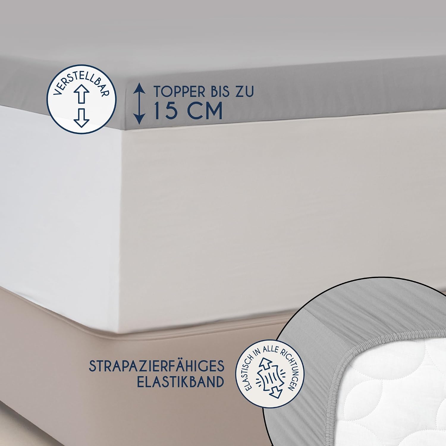 Detalle de Dreamzie Premium Topper Spannbettlaken (Jersey Baumwolle, 18 cm Steg) in Grau – für Topper 180x200 bis 200x200 cm