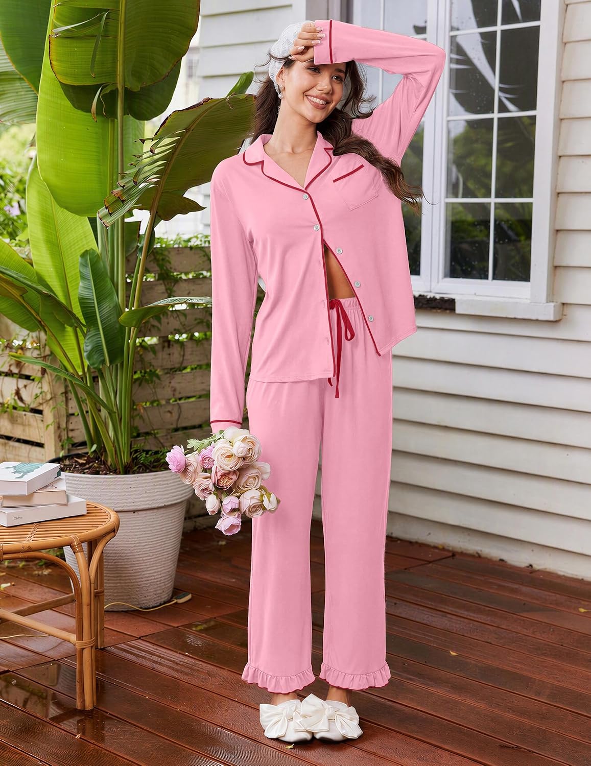 Detalle de Ekouaer Women's Pajama Set, Long-Sleeve Button-Down Top and Ruffle-Hem Pants