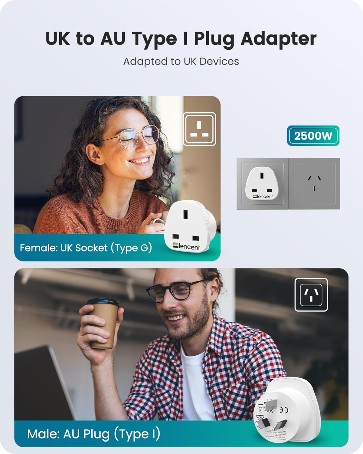 Detalle de LENCENT UK to Australia Plug Adapter 2 Pack (Type I) – earthed travel adaptor for AUS, China, Fiji, New Zealand and more