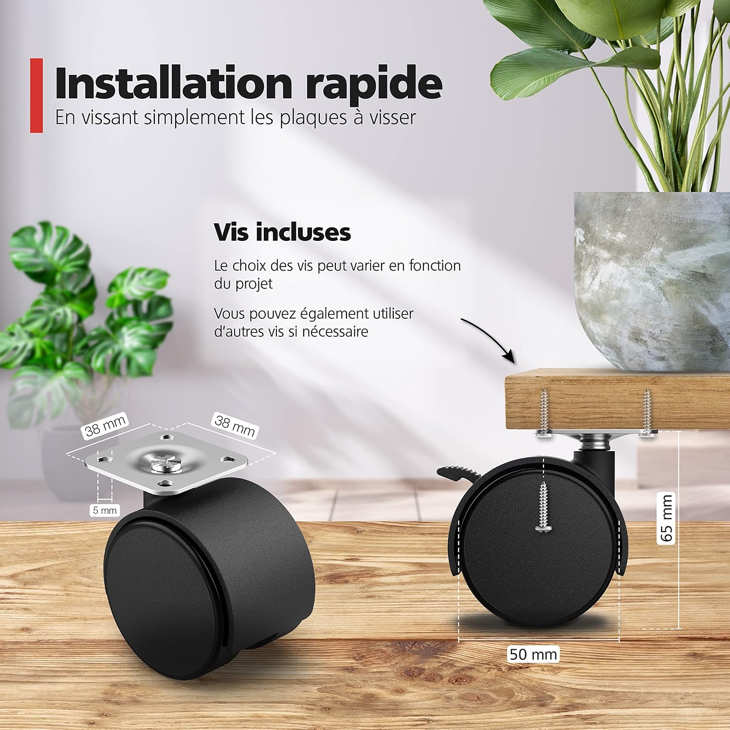 Detalle 2 de RAVN HAMAN Jeu de 4 roulettes pour meubles 50 mm avec freins, charge jusqu’à 30 kg par roue
