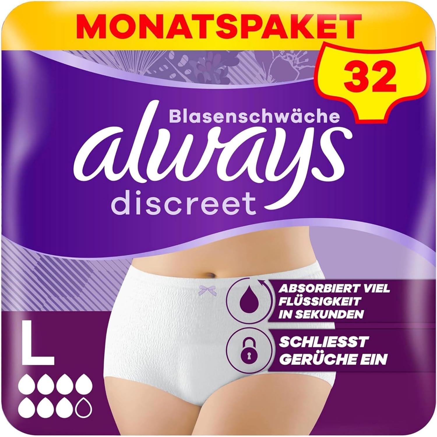 Detalle 2 de Always Discreet Inkontinenz-Höschen Plus – Monatspaket Größe L, 64 Stück (8x8) für starke Blasenschwäche