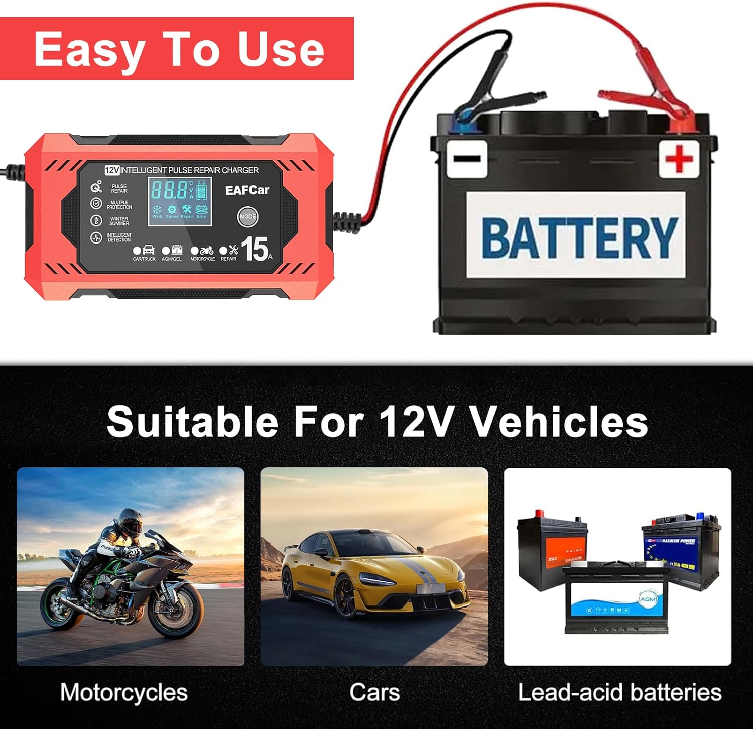 Detalle 2 de EAFCar 15Amp 12V Car Battery Charger
