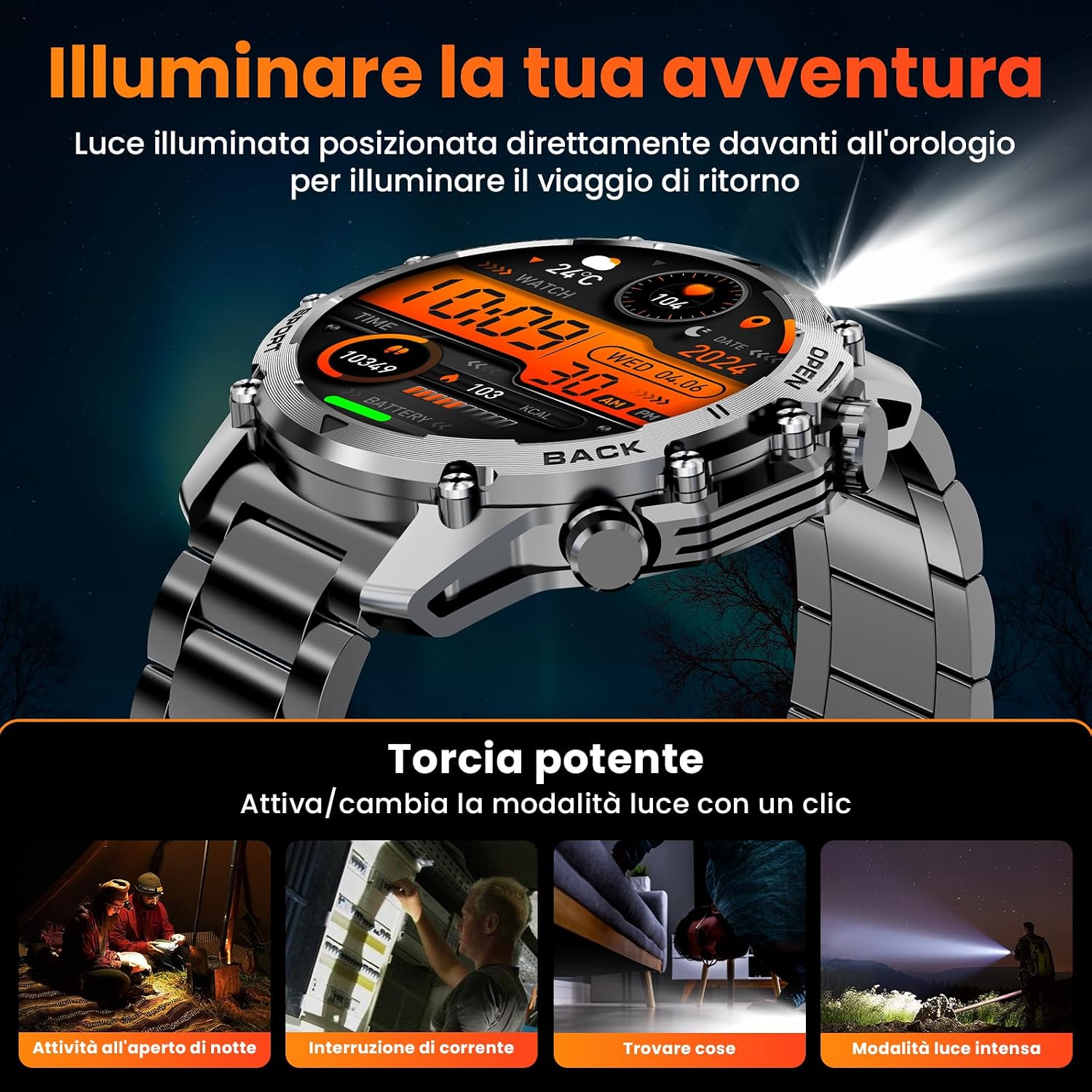 Detalle 2 de Smartwatch Uomo con Torcia Militare 1,52'': stile rugged, 500 mAh e 120+ sport