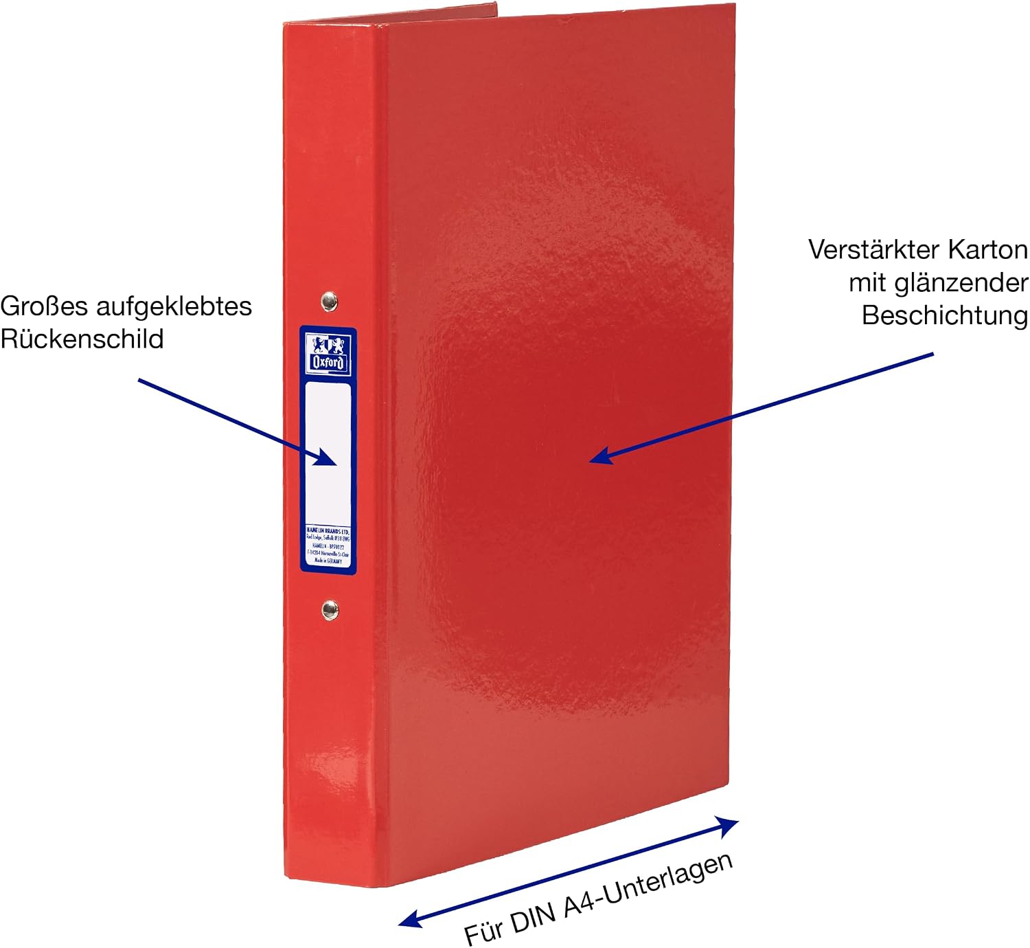 Detalle de Oxford Ringbuch A4, 4 cm Rücken, 2‑Ring, Mixfarben (Rot/Grün/Blau) – 3 Stück
