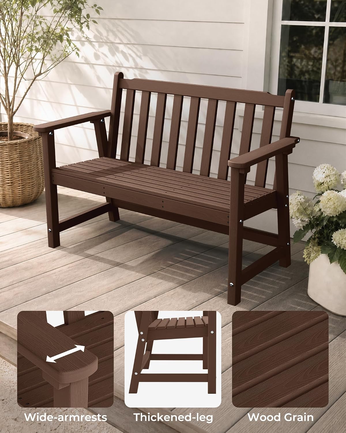 Detalle de Ciokea 48" Outdoor Bench, Brown HDPE Two-Seater with 550-Lb Capacity