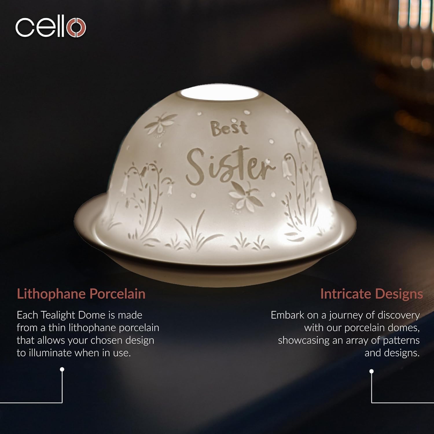 Thumbnail 3 de Cello Porcelain Tealight Holder Dome with “Best Sister” 3D projection LED/wax warmer