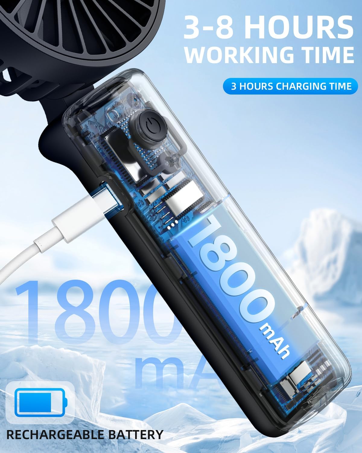 Thumbnail 3 de Hssio Portable Handheld Fan: 180° Foldable Mini Desk Fan with 1800mAh Battery