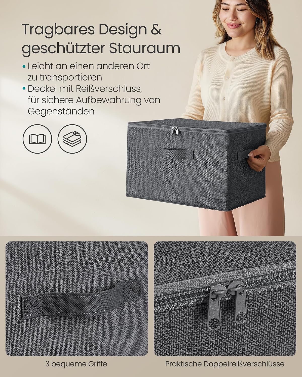 Detalle de SONGMICS RYZB03G Aufbewahrungsbox 3er Set, 40 x 30 x 25 cm