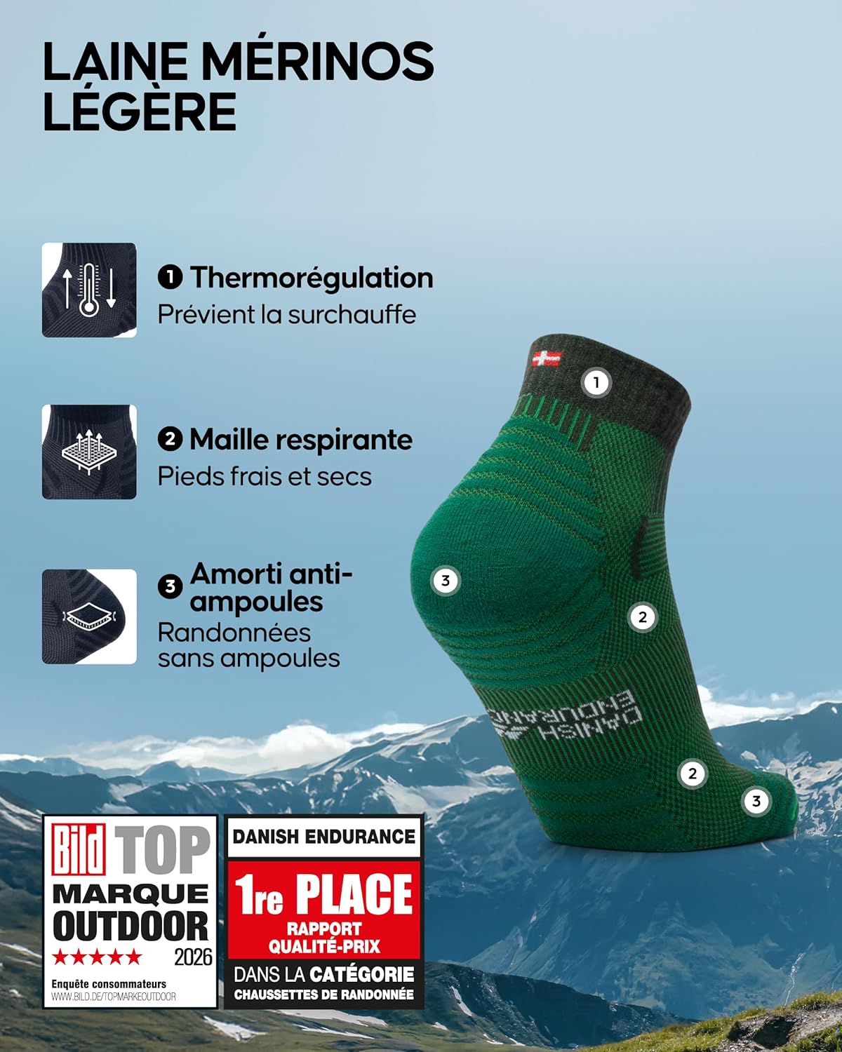 Thumbnail 1 de DANISH ENDURANCE Chaussettes de Randonnée en Laine Mérinos Légères – Unisex, Lot de 3