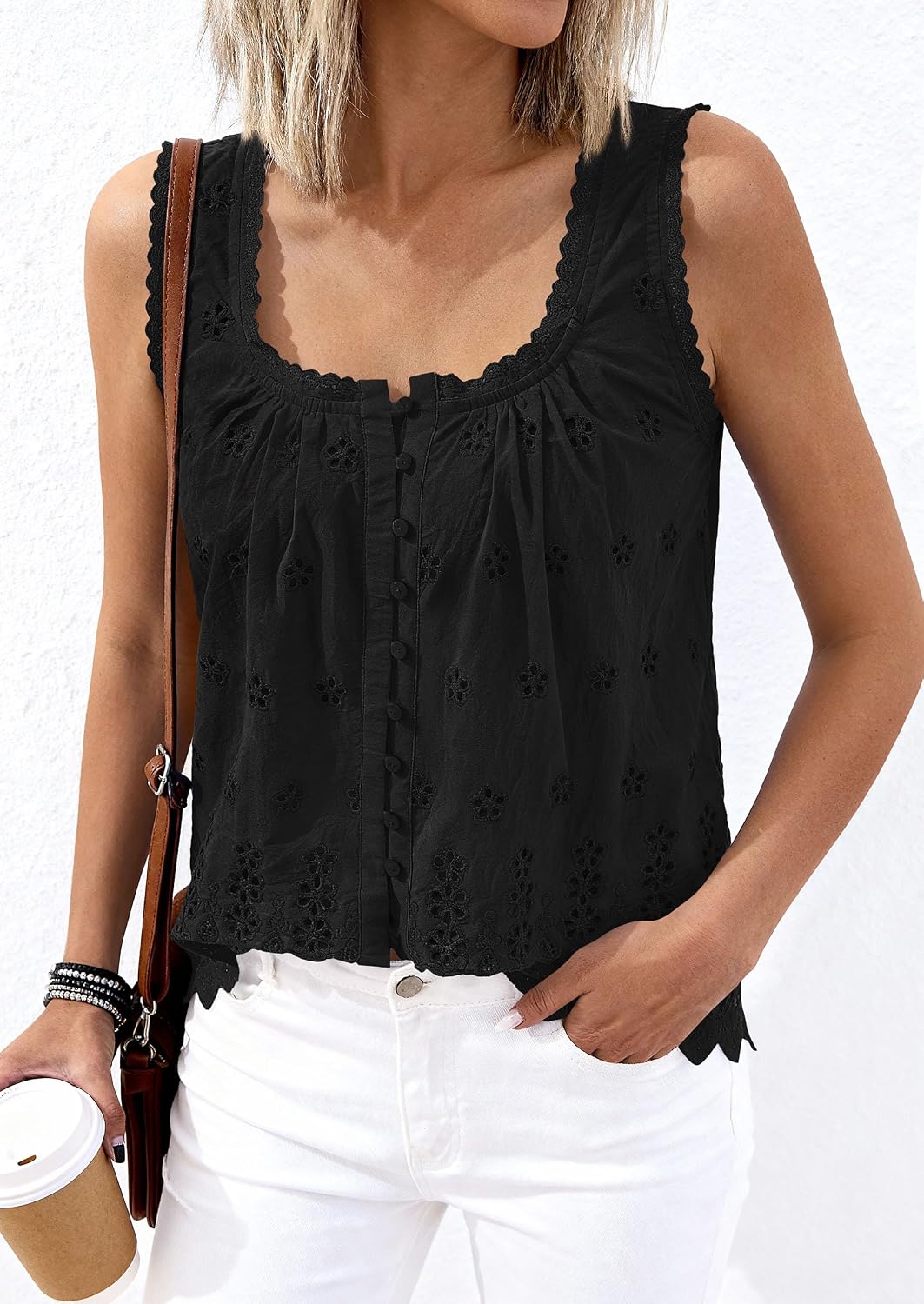 Detalle de PRETTYGARDEN Women's 2026 Summer Button-Down Eyelet Tank Top Blouse