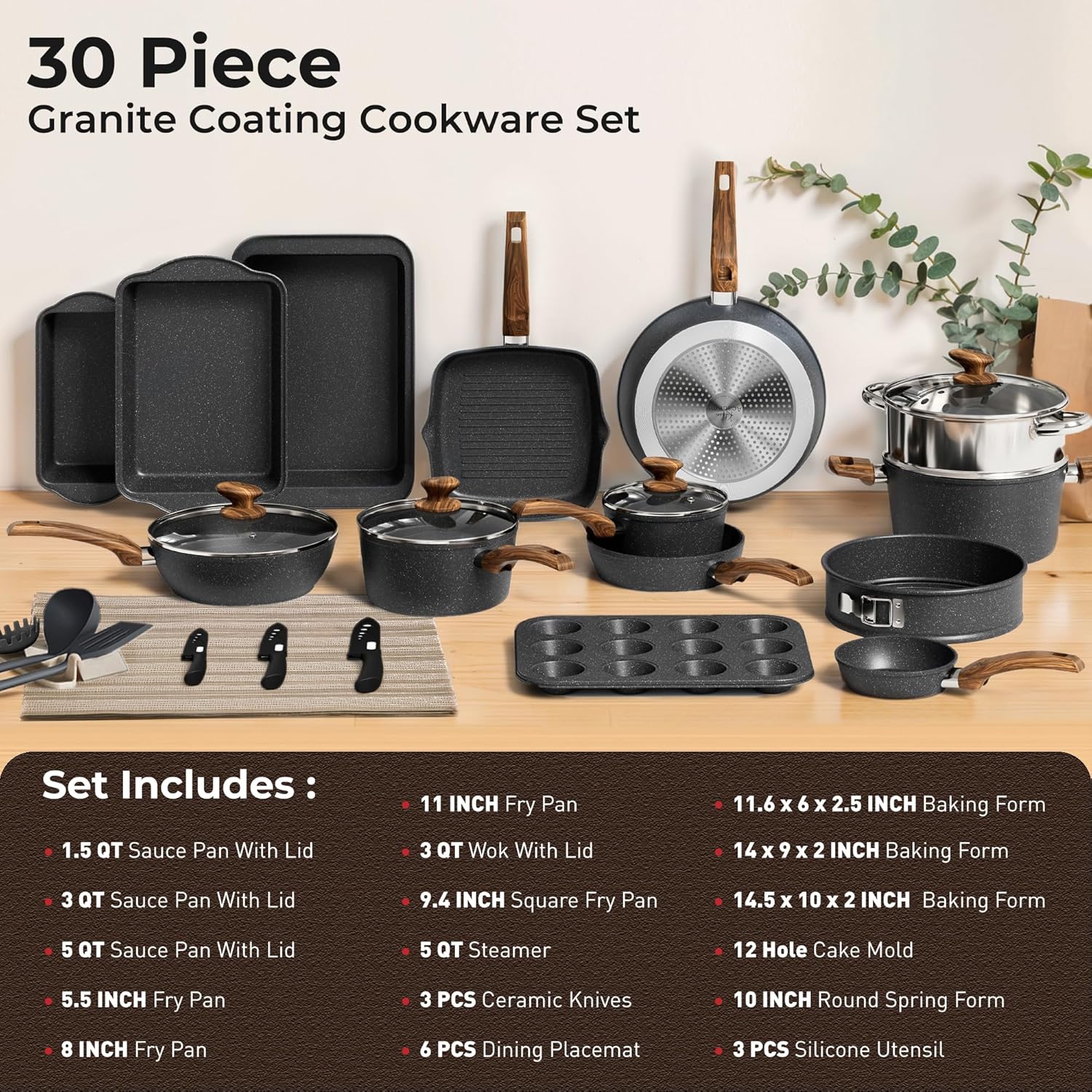 Detalle de DishDelight 30-Piece Granite Non-Stick Pots & Pans Set for Induction Cooktops