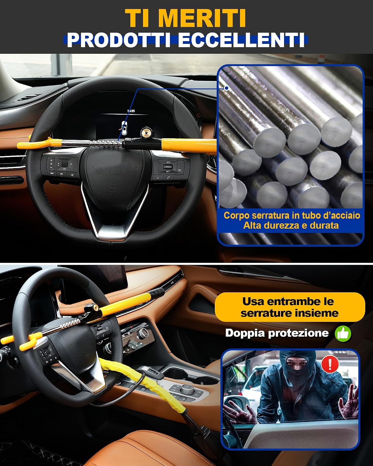 Detalle 2 de Tevlaphee Blocco volante antifurto regolabile 3 chiavi 🔒