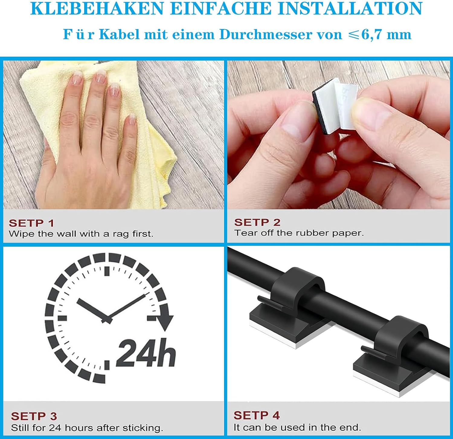 Detalle 2 de KLJ Kabelhalter-Haken für Lichterketten, selbstklebende Kabelclips (Schwarz), 100er Set