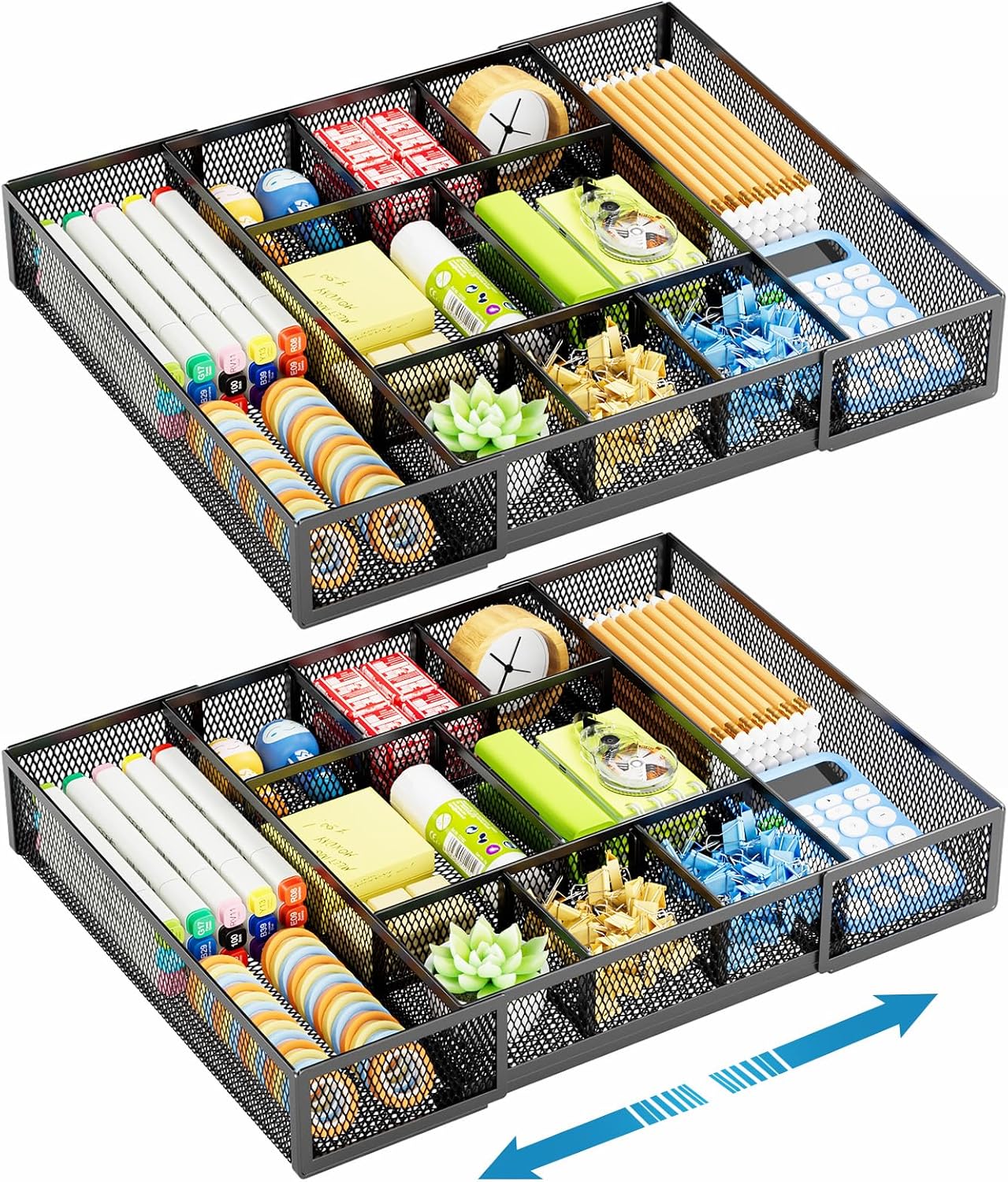 Detalle de Marbrasse Black-2P Expandable Mesh Desk Drawer Organizer, 10 Compartments