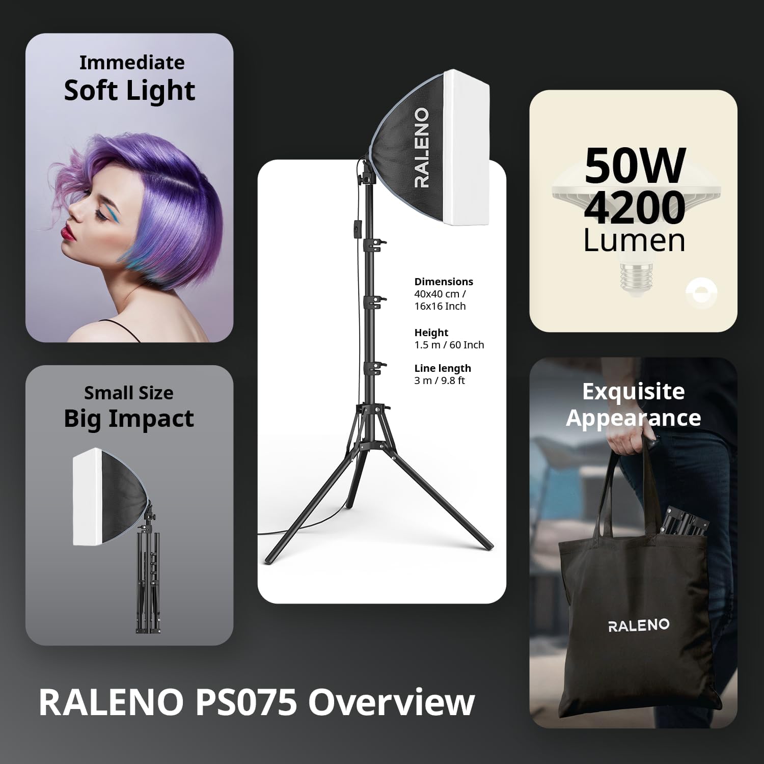 Detalle 2 de Raleno Softbox Studio Photo Kit - Éclairage 50W LED 5500K avec Trépied Réglable 41,9–152,4 cm