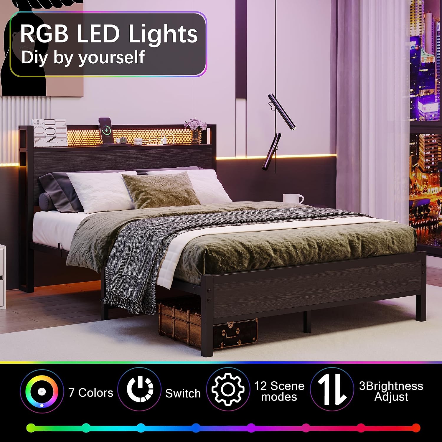 Detalle de Diolong 1012F Full Bed Frame with Storage Headboard, RGB LED Lights and Charging Station