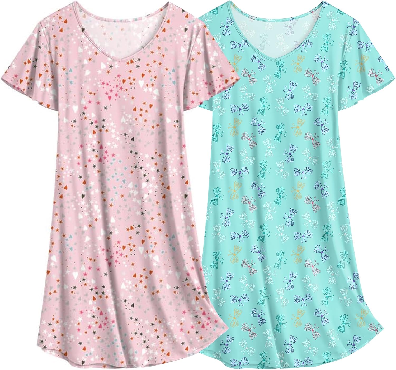 Ekouaer 2 Pack Nightgowns for Women – Flare Short Sleeve Sleepshirt (Plain or Floral)