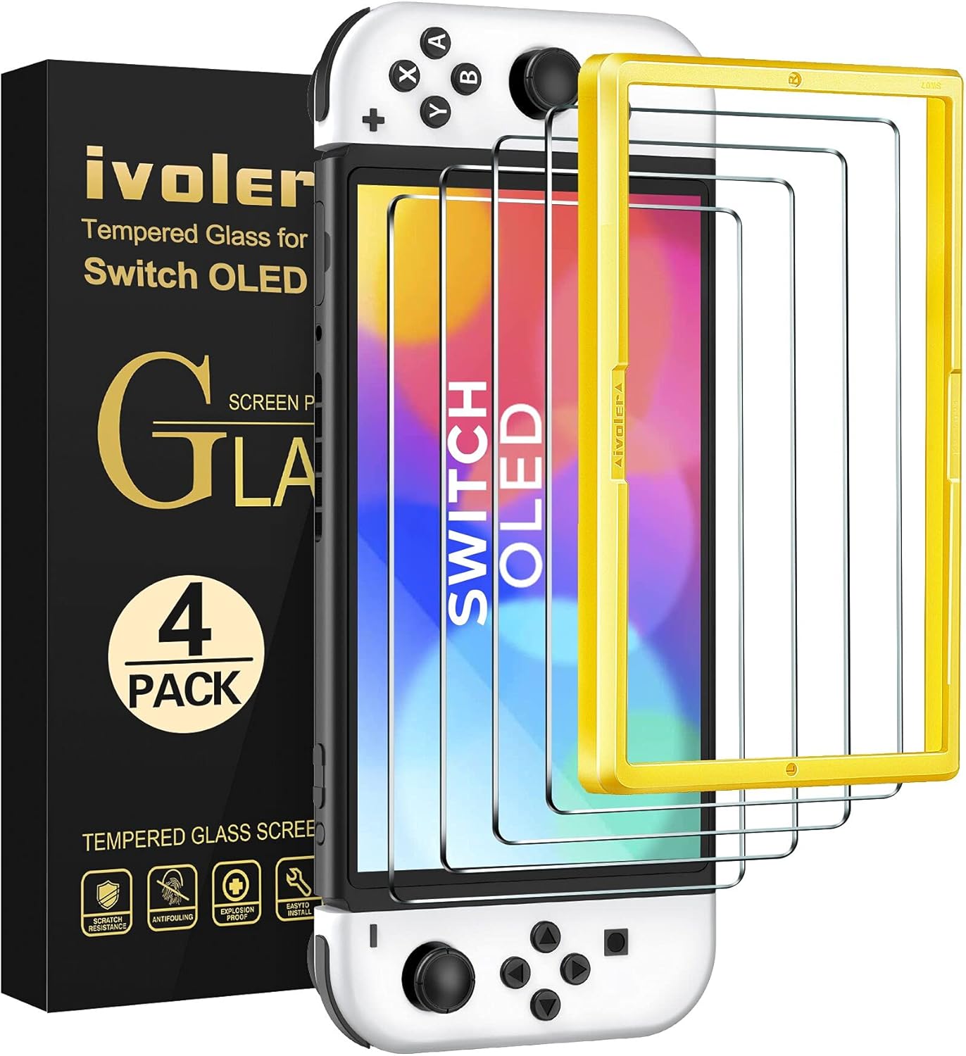 Detalle de iVoler 4er Panzer-Schutzglas für Nintendo Switch OLED (7 Zoll, 2021) mit Positionierhilfe